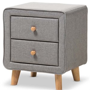 hawthorne collection 2 drawer fabric upholstered nightstand in gray