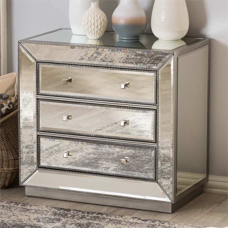 Hawthorne Collections 3-Drawer Mirrored MDF Wood Chest in Gray