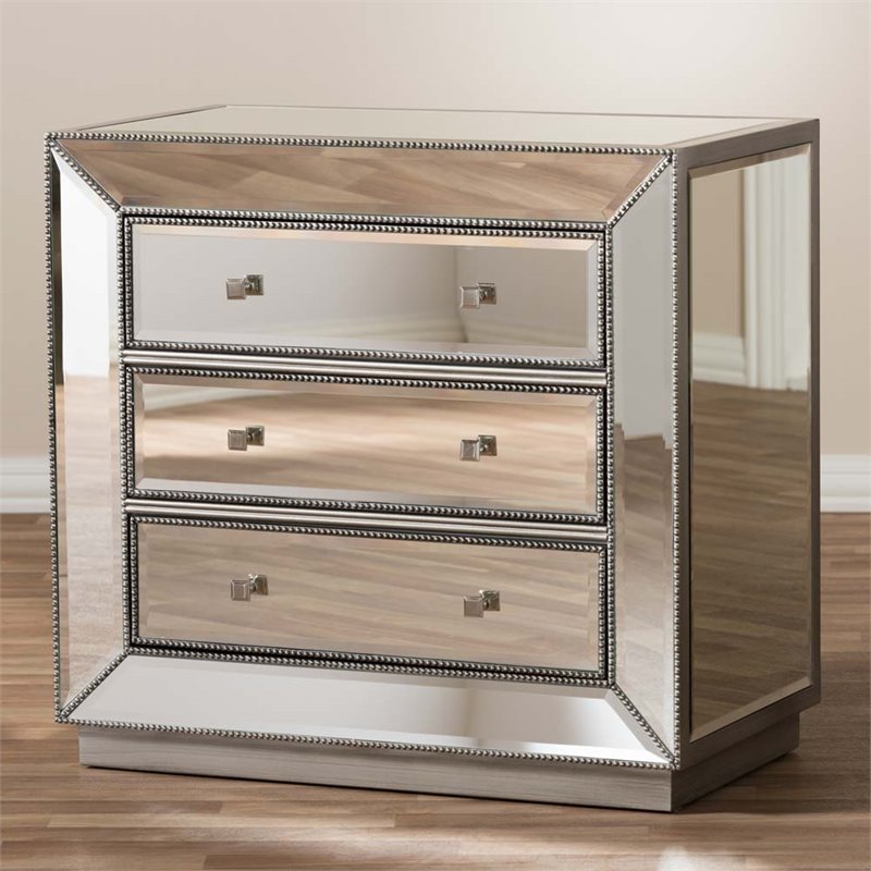 Hawthorne Collections 3-Drawer Mirrored MDF Wood Chest in Gray