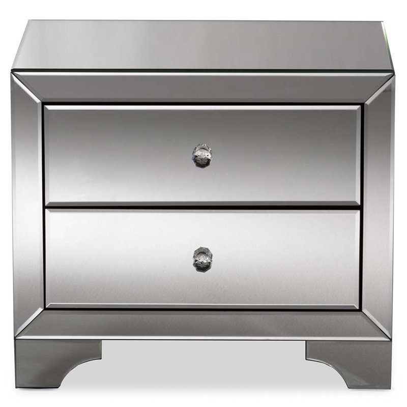 Hawthorne Collection Mirrored 2 Drawer Nightstand in Silver