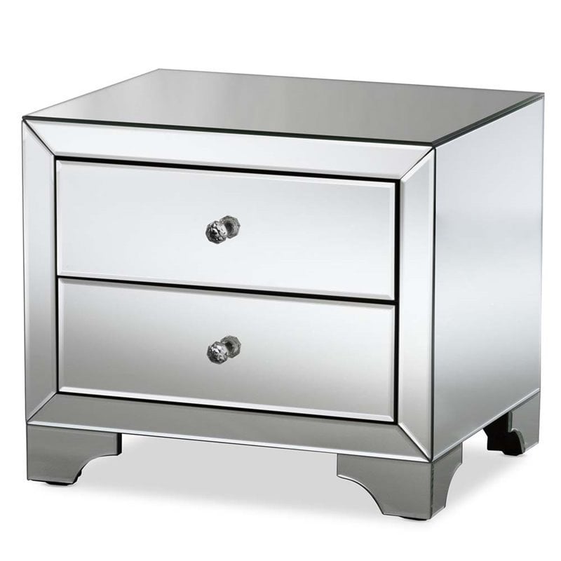 Hawthorne Collection Mirrored 2 Drawer Nightstand in Silver