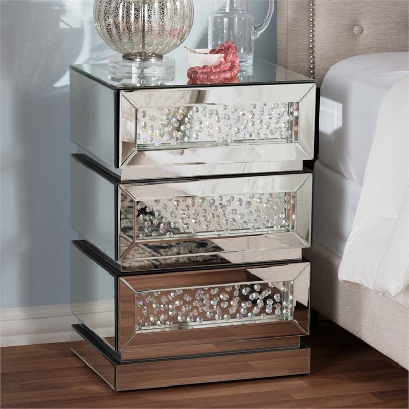 Hawthorne Collection Mirrored 3 Drawer Nightstand in Silver