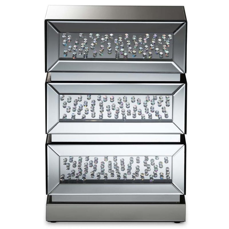 Hawthorne Collection Mirrored 3 Drawer Nightstand in Silver