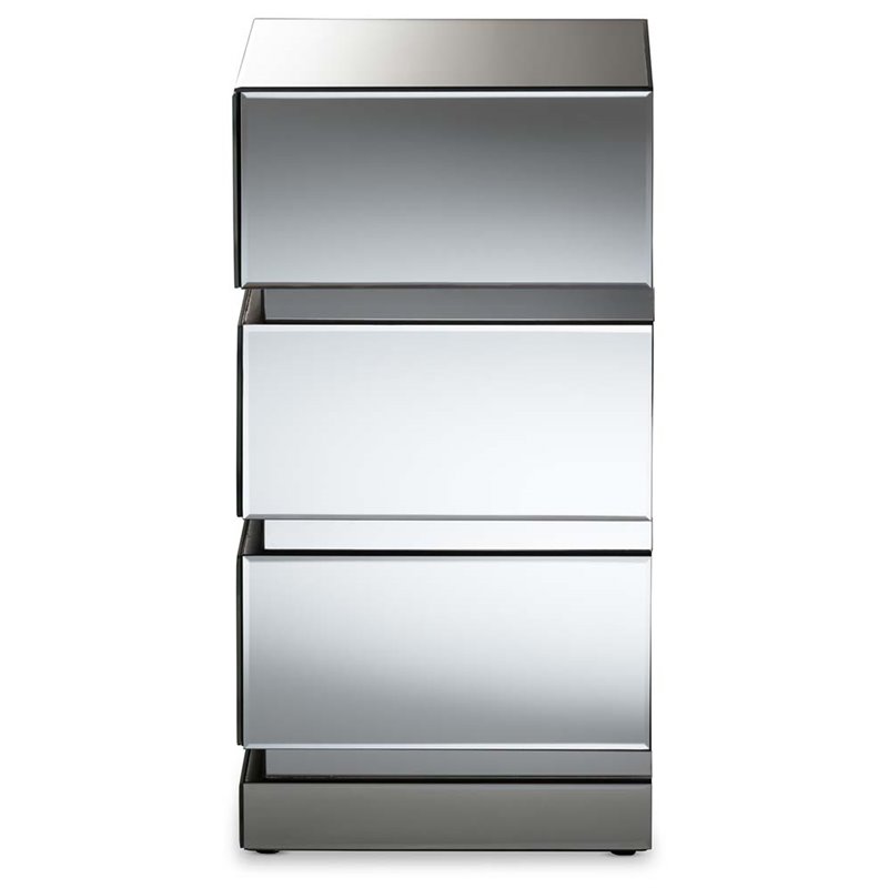 Hawthorne Collection Mirrored 3 Drawer Nightstand in Silver