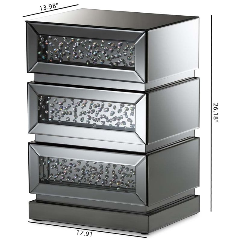Hawthorne Collection Mirrored 3 Drawer Nightstand in Silver