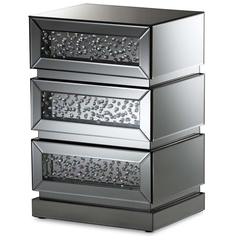 Hawthorne Collection Mirrored 3 Drawer Nightstand in Silver Cymax