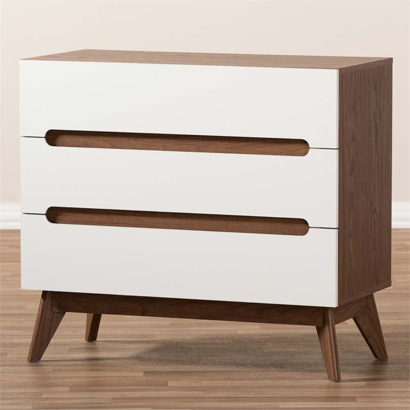 Hawthorne Collections Mid-Century 3-Drawer Wood Chest in White/Walnut