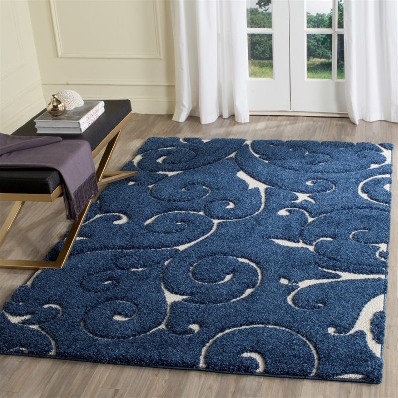 Hawthorne Collection 4' X 6' Power Loomed Rug in Dark Blue and Cream