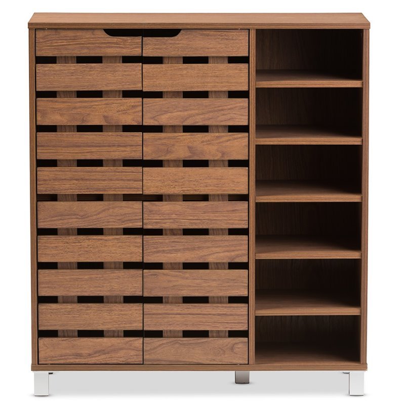 Hawthorne Collection Engineered Wood Walnut Shoe Storage Cabinet Rectangular Slatted Doors 38.06