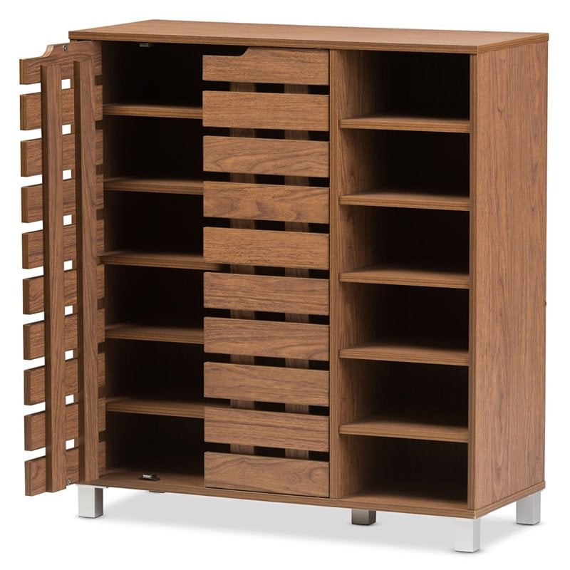 Hawthorne Collection Engineered Wood Walnut Shoe Storage Cabinet Rectangular Slatted Doors 38.06