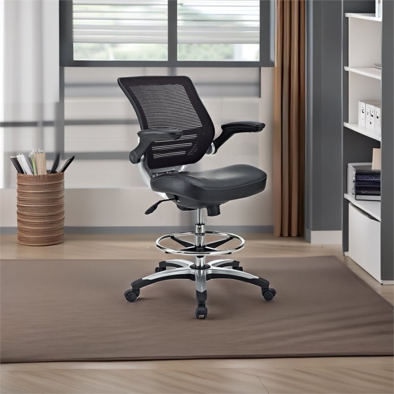 Hawthorne Collection Faux Leather Mesh Drafting Stool in Black