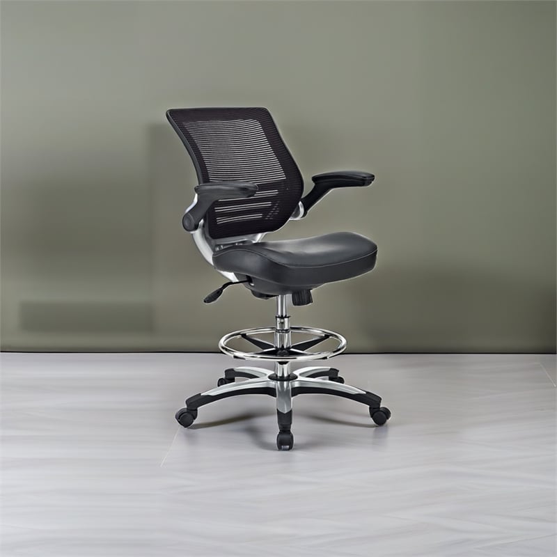 Hawthorne Collection Faux Leather Mesh Drafting Stool in Black