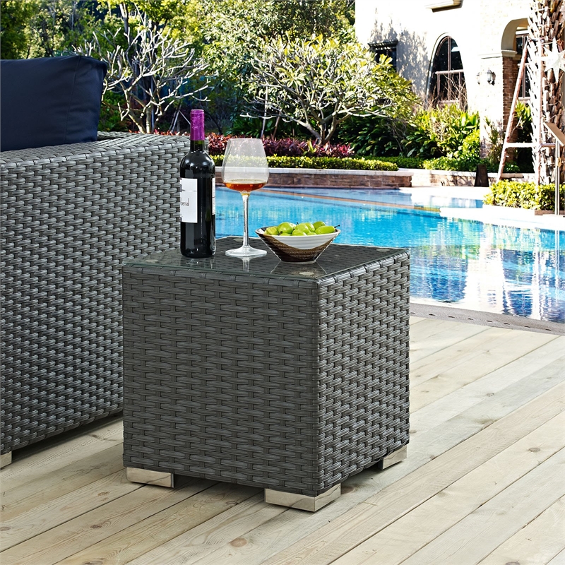 Hawthorne Collections Square Modern Rattan Patio End Table in Black