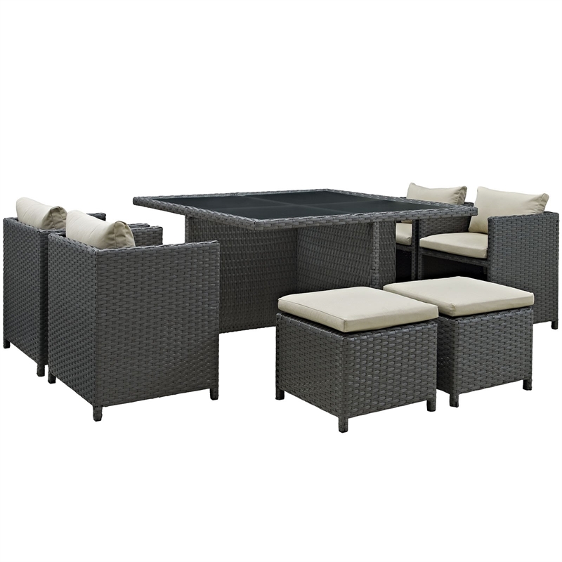Hawthorne Collection 9 Piece Glass Top Patio Dining Set in Beige