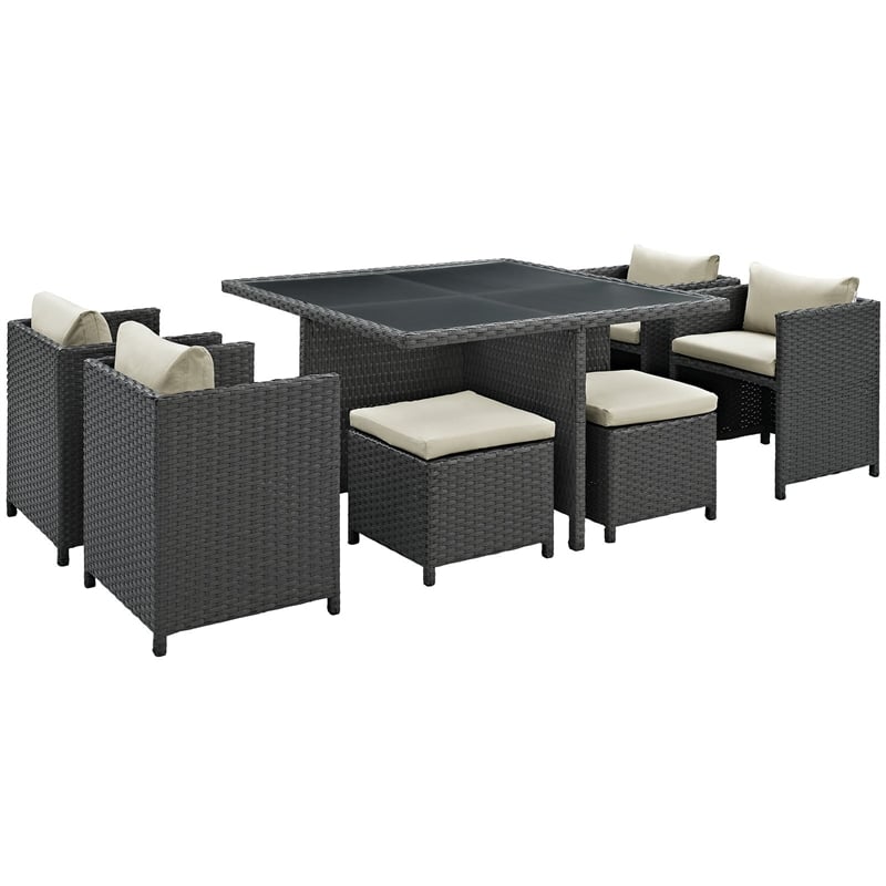 Hawthorne Collection 9 Piece Glass Top Patio Dining Set in Beige