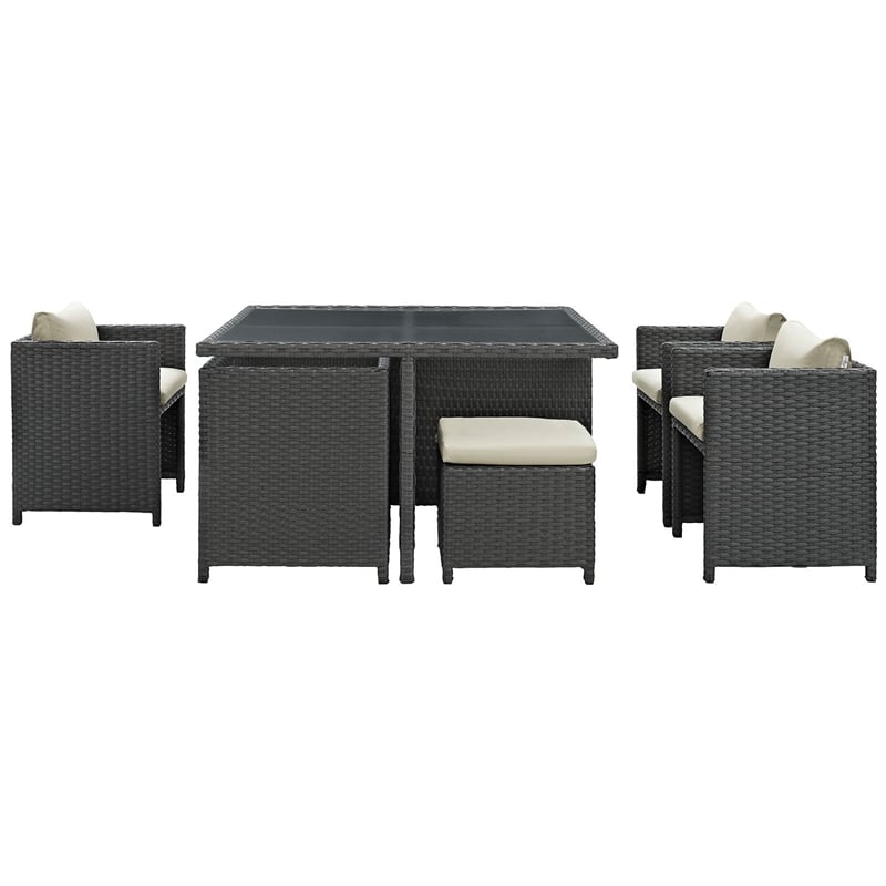 Hawthorne Collection 9 Piece Glass Top Patio Dining Set in Beige