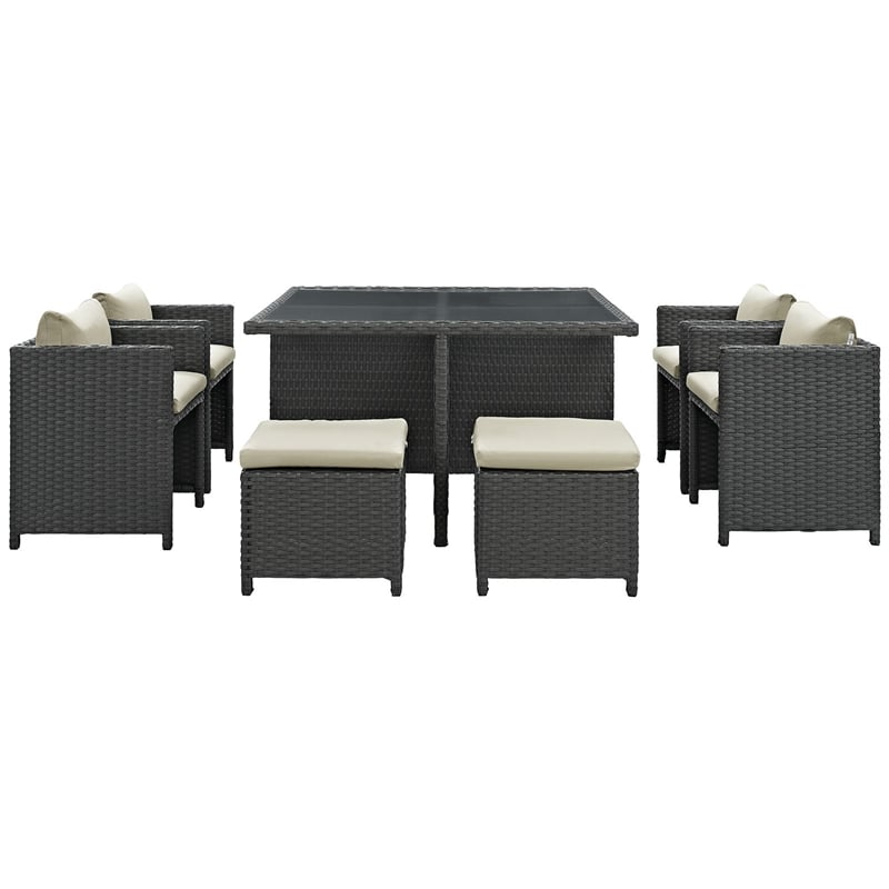 Hawthorne Collection 9 Piece Glass Top Patio Dining Set in Beige