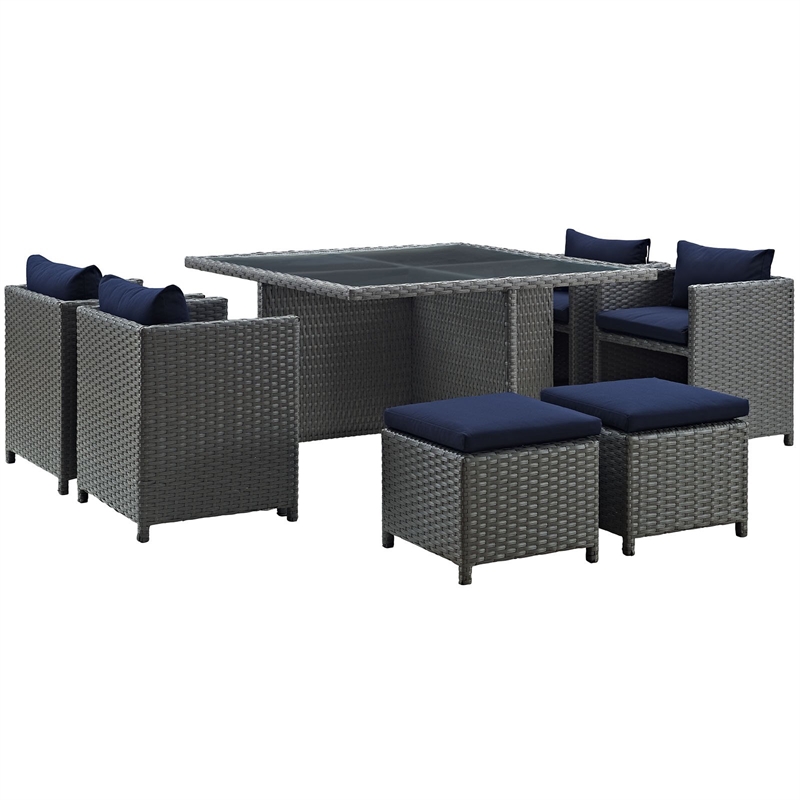 Hawthorne Collection 9 Piece Glass Top Patio Dining Set in Canvas Navy