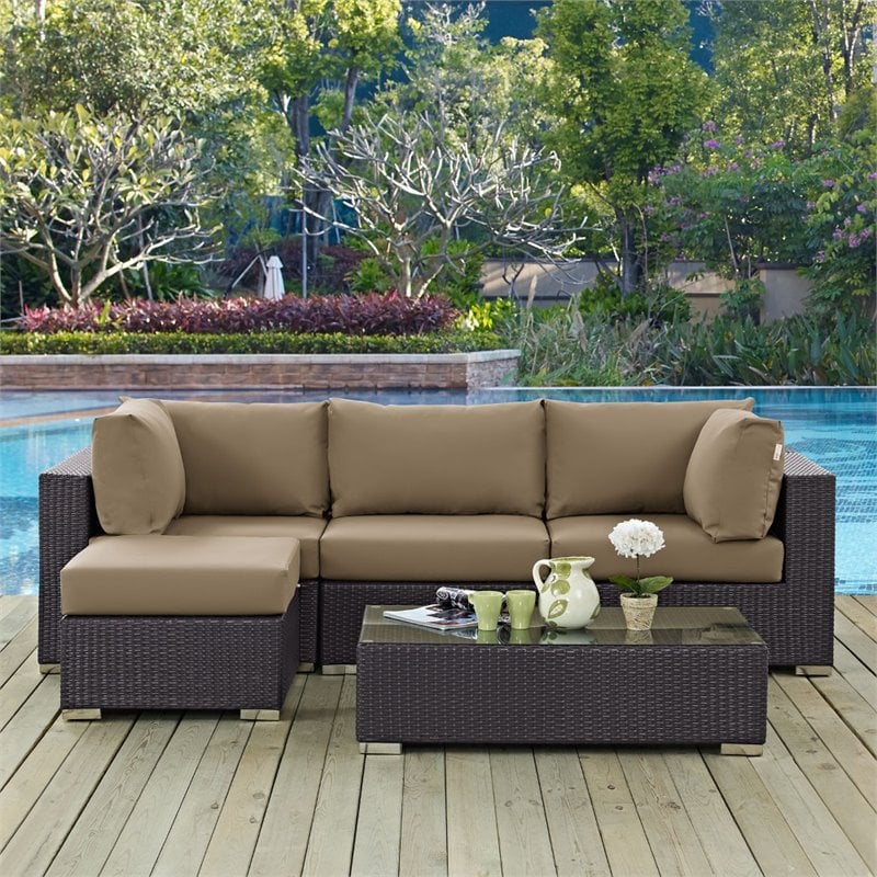 Hawthorne Collection 5 Piece Patio Sofa Set in Espresso and Mocha