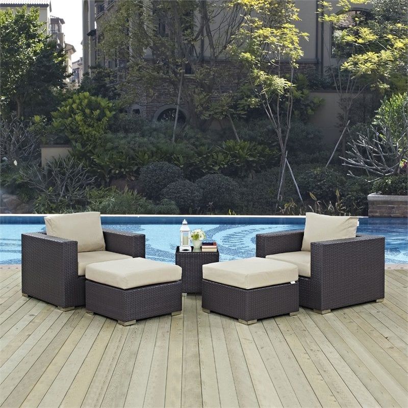 Hawthorne Collection 5 Piece Patio Sofa Set in Espresso and Beige