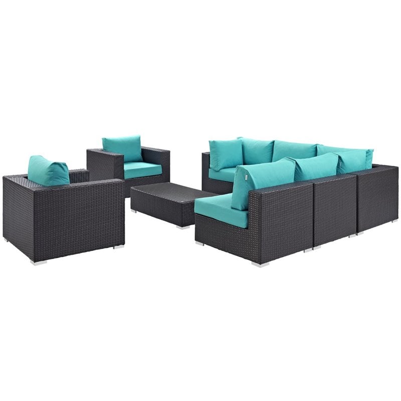 Hawthorne Collection 8 Piece Patio Sofa Set in Espresso and Turquoise