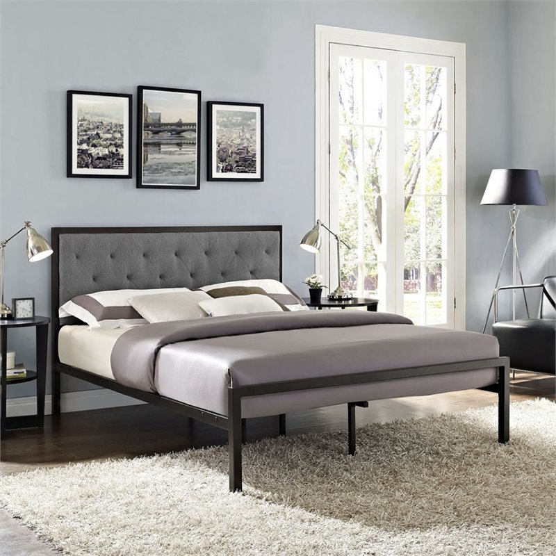 Hawthorne Collection Queen Tufted Panel Bed in Brown and Gray