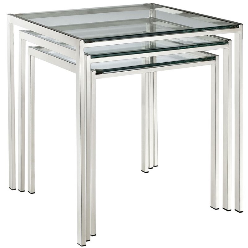 Hawthorne Collections Modern Stainless Steel Nesting Table in Silver (Set of 3)