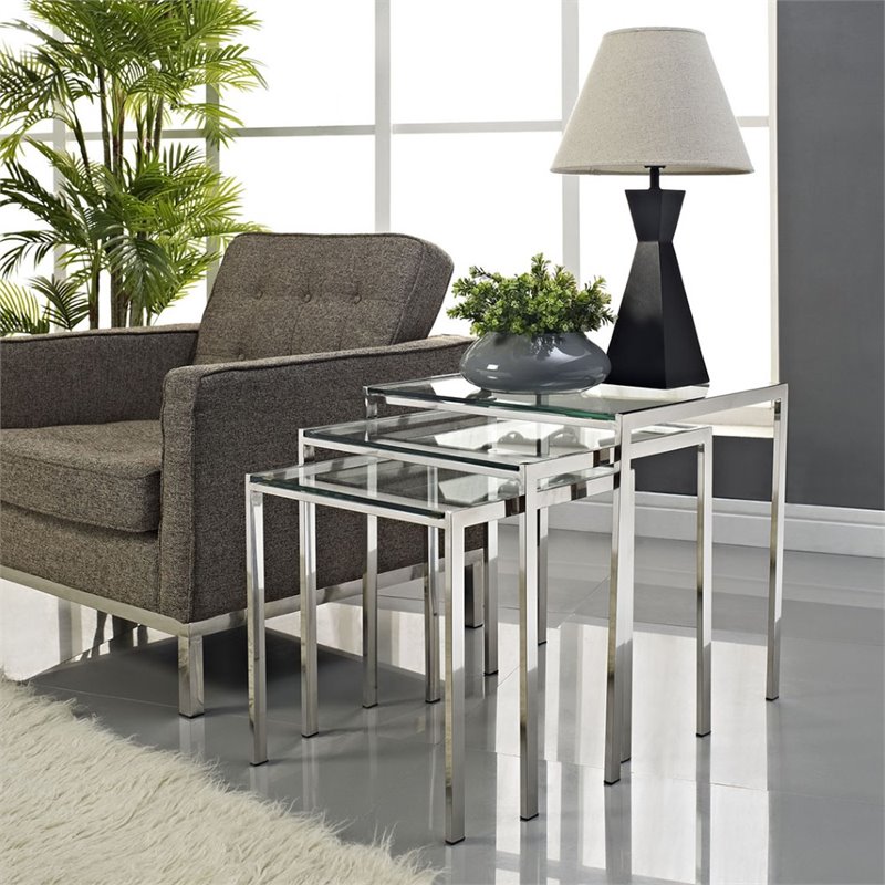 Hawthorne Collections 3 Piece Metal Nesting Table Set in Silver