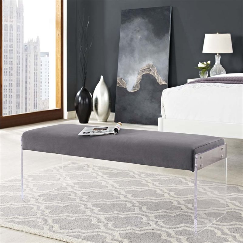 Hawthorne Collections Modern Velvet and Acrylic Bench in Gray