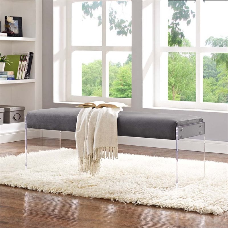 Hawthorne Collections Modern Velvet and Acrylic Bench in Gray