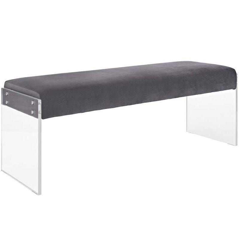 Hawthorne Collections Modern Velvet and Acrylic Bench in Gray