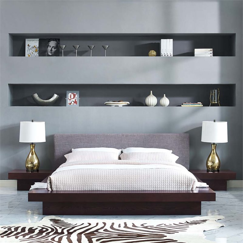 Hawthorne Collection 3 Piece Queen Panel Platform Bed in Cappuccino and Gray