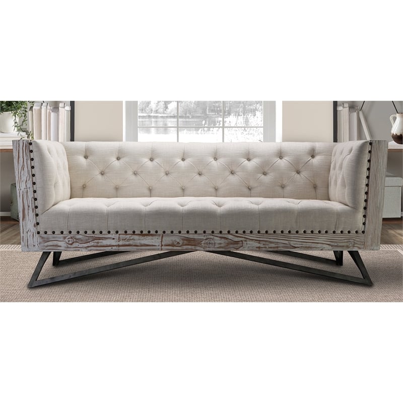Hawthorne Collections Modern Leather Upholstered Tufted Sofa in Cream
