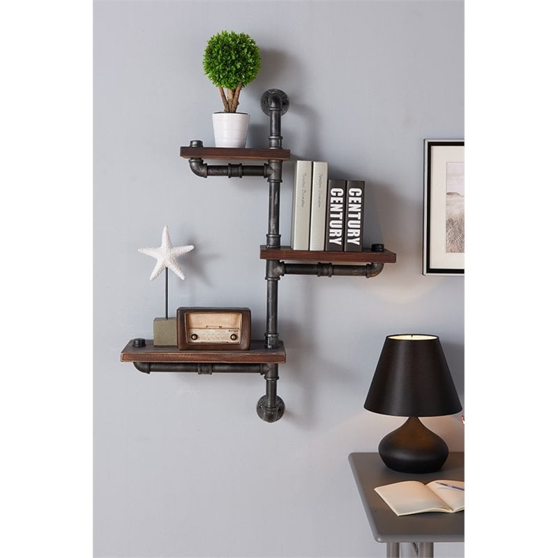 Hawthorne Collections Modern Metal Wall Display Shelf in Gray/Walnut