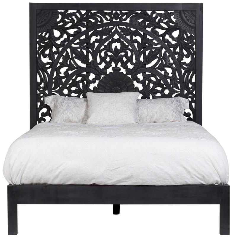 Hawthorne Collections Traditional Hand Carved Floral Wood Queen Bed in Black