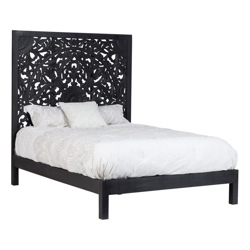 Hawthorne Collections Traditional Hand Carved Floral Wood Queen Bed in Black