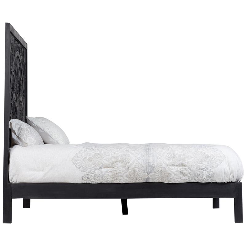 Hawthorne Collections Traditional Hand Carved Floral Wood Queen Bed in Black