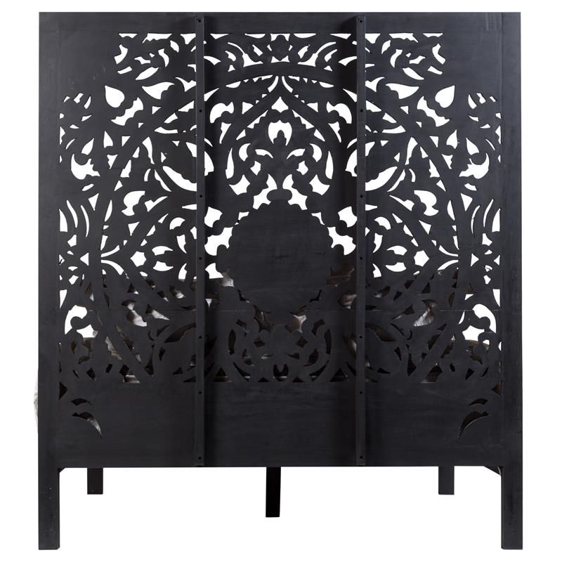 Hawthorne Collections Traditional Hand Carved Floral Wood Queen Bed in Black