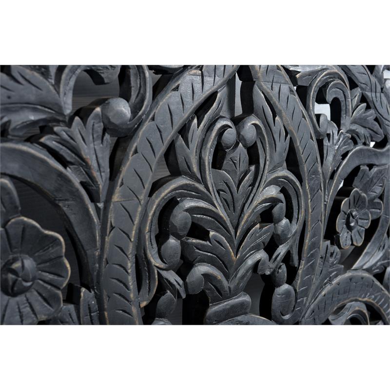 Hawthorne Collections Traditional Hand Carved Floral Wood Queen Bed in Black