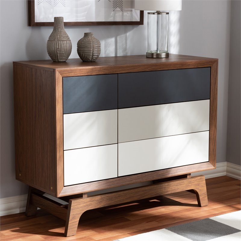 Hawthorne Collections Mid-Century 6-Drawer Wood Chest in Walnut/White