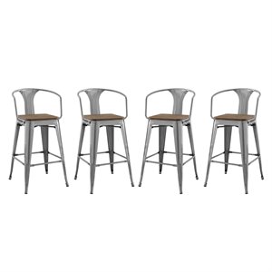 Hawthorne Collections 30&quot Metal Wooden Seat Bar Stool in Gunmetal (Set of 4)