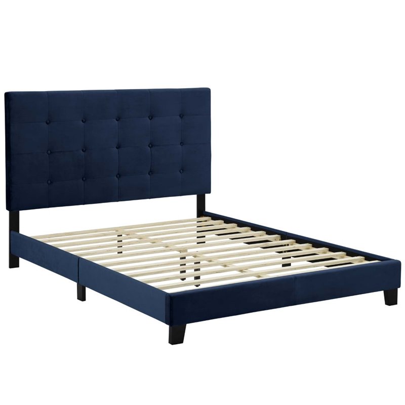 Hawthorne Collections Tufted Upholstered Velvet Queen Platform Bed in Blue