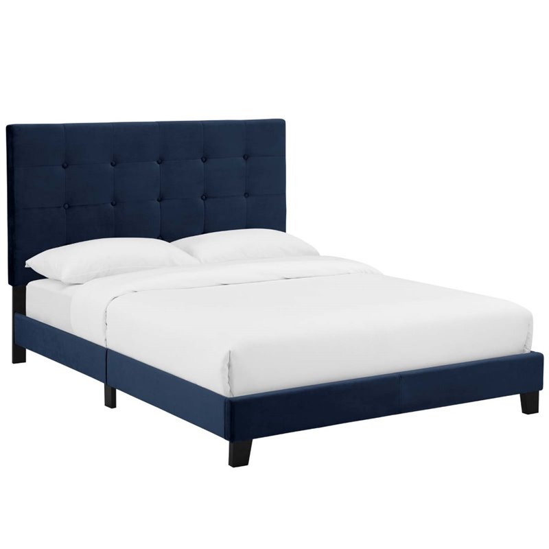 Hawthorne Collections Modern Padded Tufted Velvet King Platform Bed in Blue