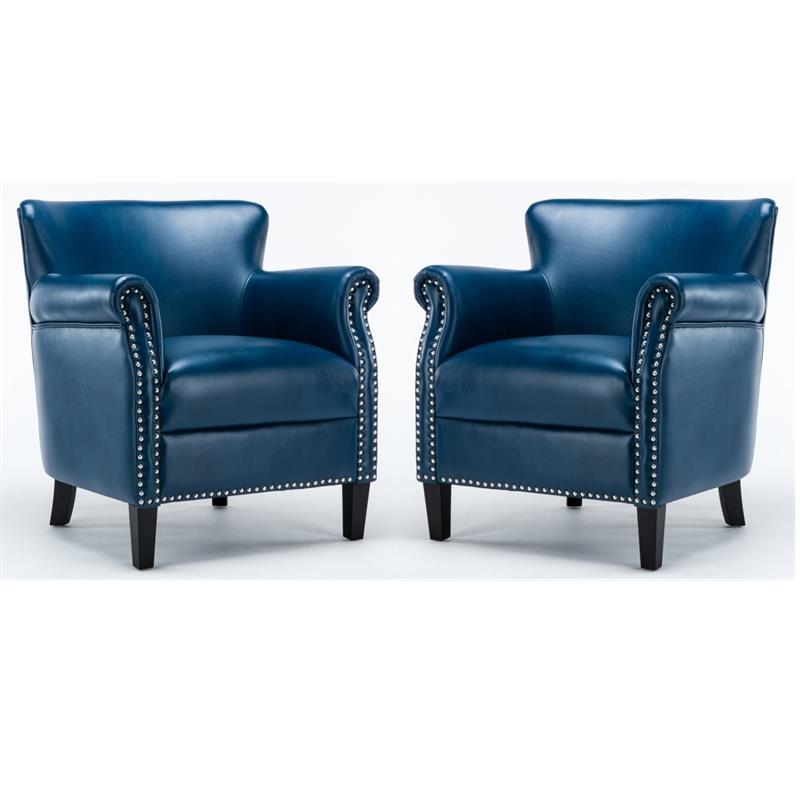 Hawthorne Collections 2 Piece Faux Leather Club Accent Chair Set in Navy Blue