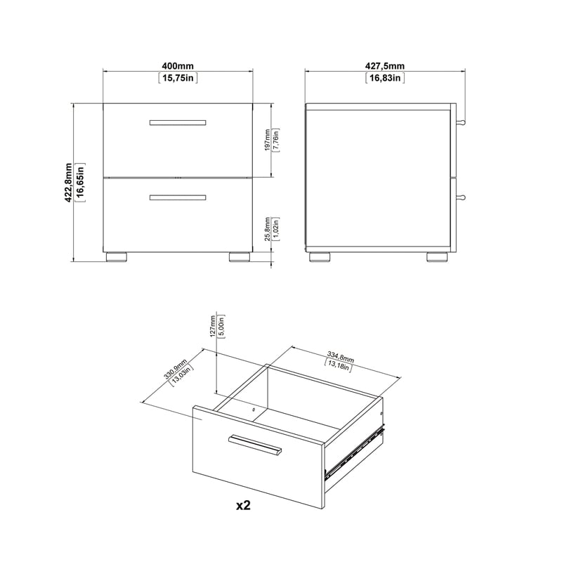 Hawthorne Collections 4PC Set 2 Nightstands & Double Dresser & Chest - Oak/White
