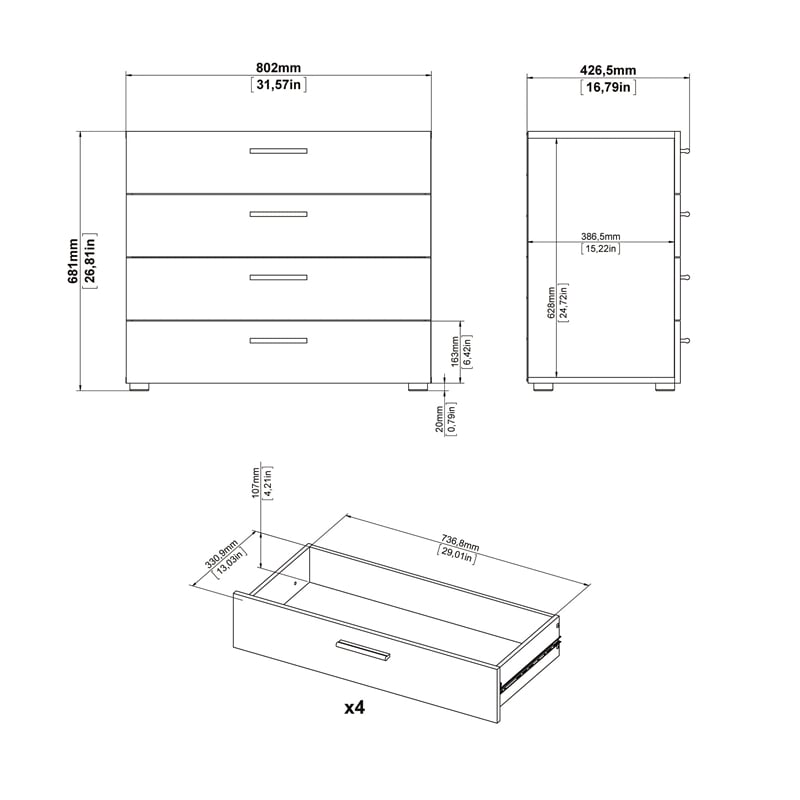 Hawthorne Collections 4PC Set 2 Nightstands & Double Dresser & Chest - Oak/White