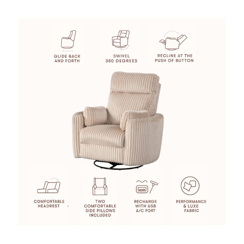 Hawthorne Collections Modern Large Corduroy Fabric Swivel Recliner in Ivory