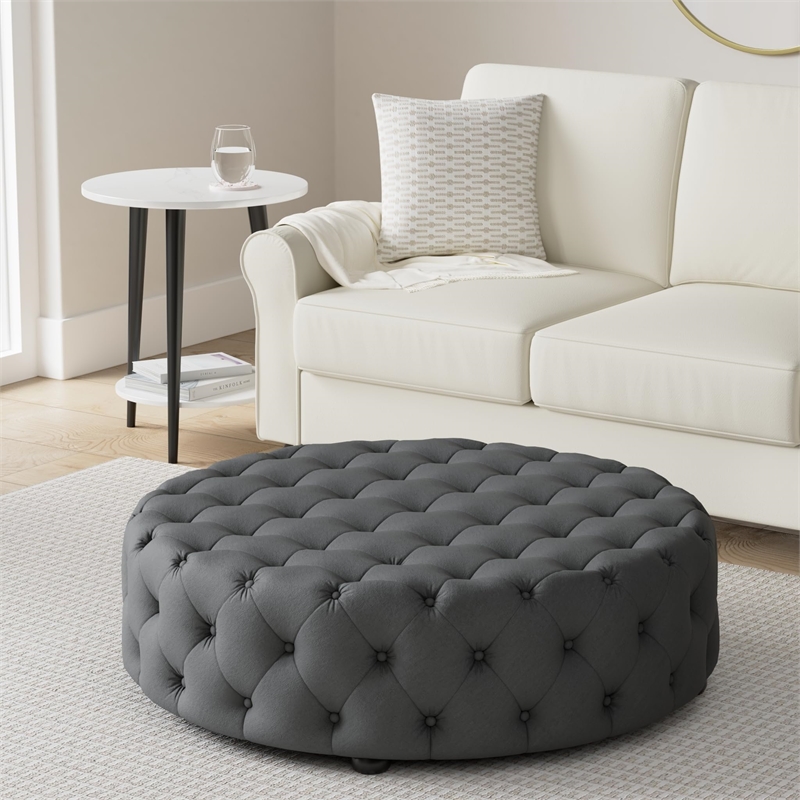 Atlin Designs Linen Beige Ottoman Round Button Tufting 42