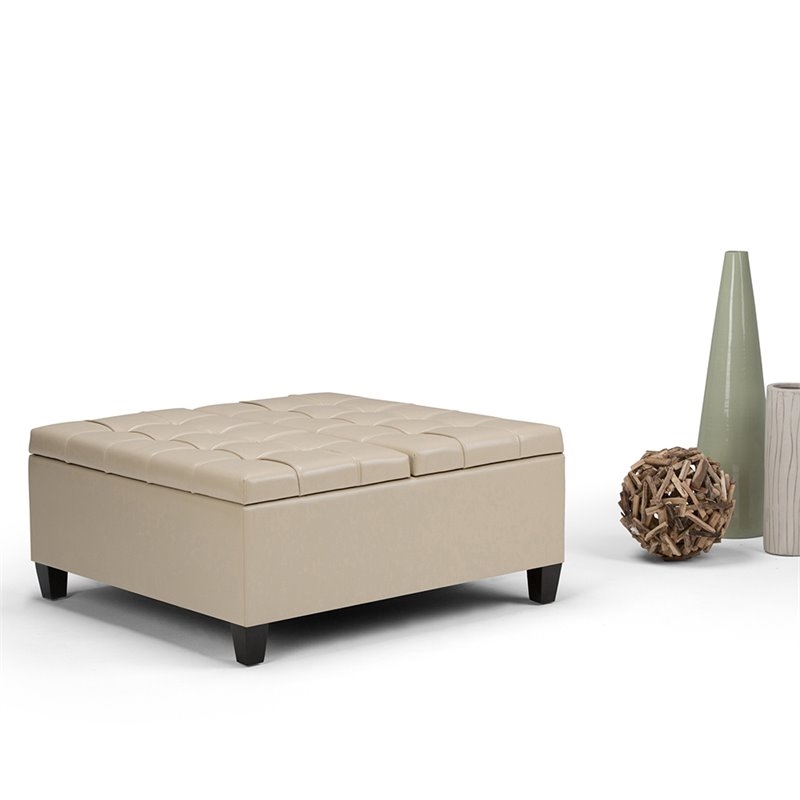 Atlin Designs Transitional Faux Leather Coffee Table Ottoman in Satin Cream
