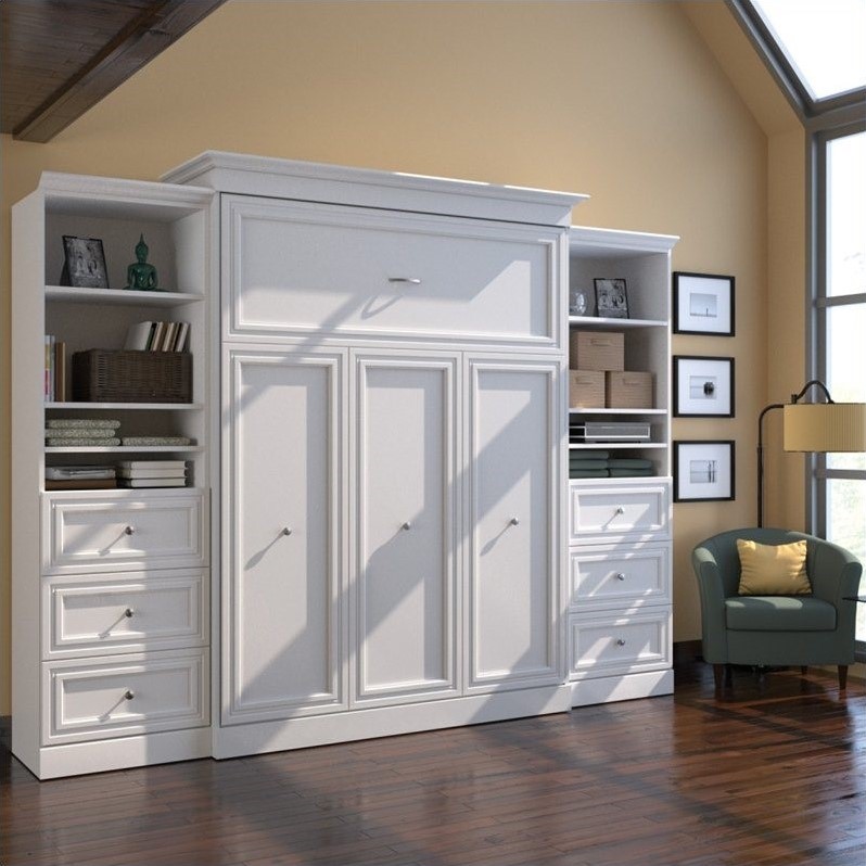 Atlin Designs Wood Queen Murphy Bed and 2 Organizers with Drawers in White